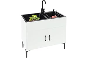 MOCHAG 30-Inch Laundry Sink with Cabinet & Hot/Cold Faucet, Large Utility Sink Cabinet with Stainless Steel Double Sinks & Drain Basket, Freestanding White Cabinet with Sink for Laundry&Utility Room,Kitchen
