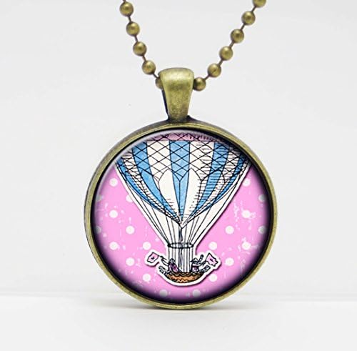Vintage Style Hot Air Balloon Blue and White Stripes on Pink Art Glass Pendant or Key Chain- 30 mm round- Chain Included- Made to Order