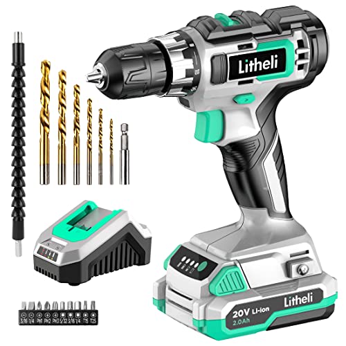 Litheli Cordless Drill Set, 20V Max Power Drill Cordless Set, 3/8” Keyless Chuck, 18+1 Torque Settings, Variable Speed, w/ 2.0 Ah Battery and 1 Hour Fast Charger Included