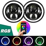 Aukmak 7 inch LED Headlights RGB Halo Ring Angel Eyes 7" Round Multicolor DRL Bluetooth Remote Control for Jeep Wrangler JK LJ CJ Sahara Sport Rubicon Headlamp 1997~2017