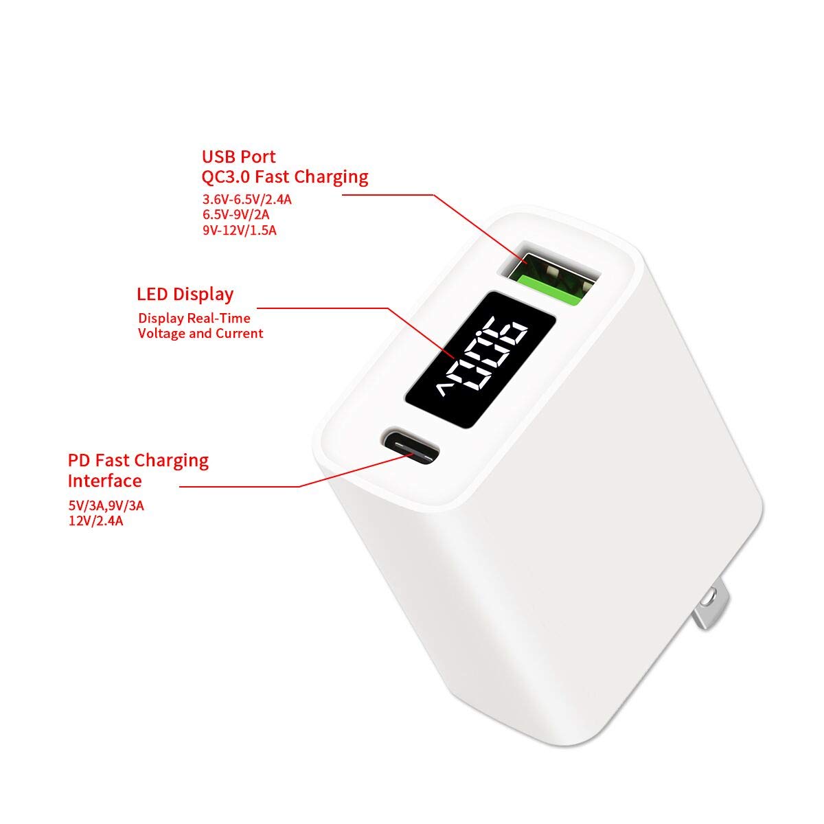 Unionup PD 3.0 & QC 3.0 Dual Port Wall Charger with Voltage Current Display, PD Wall Charger USB C Wall Charger 30W & Quick Charge 3.0 Wall Charger 18W for iPhone, Android Phone iPad