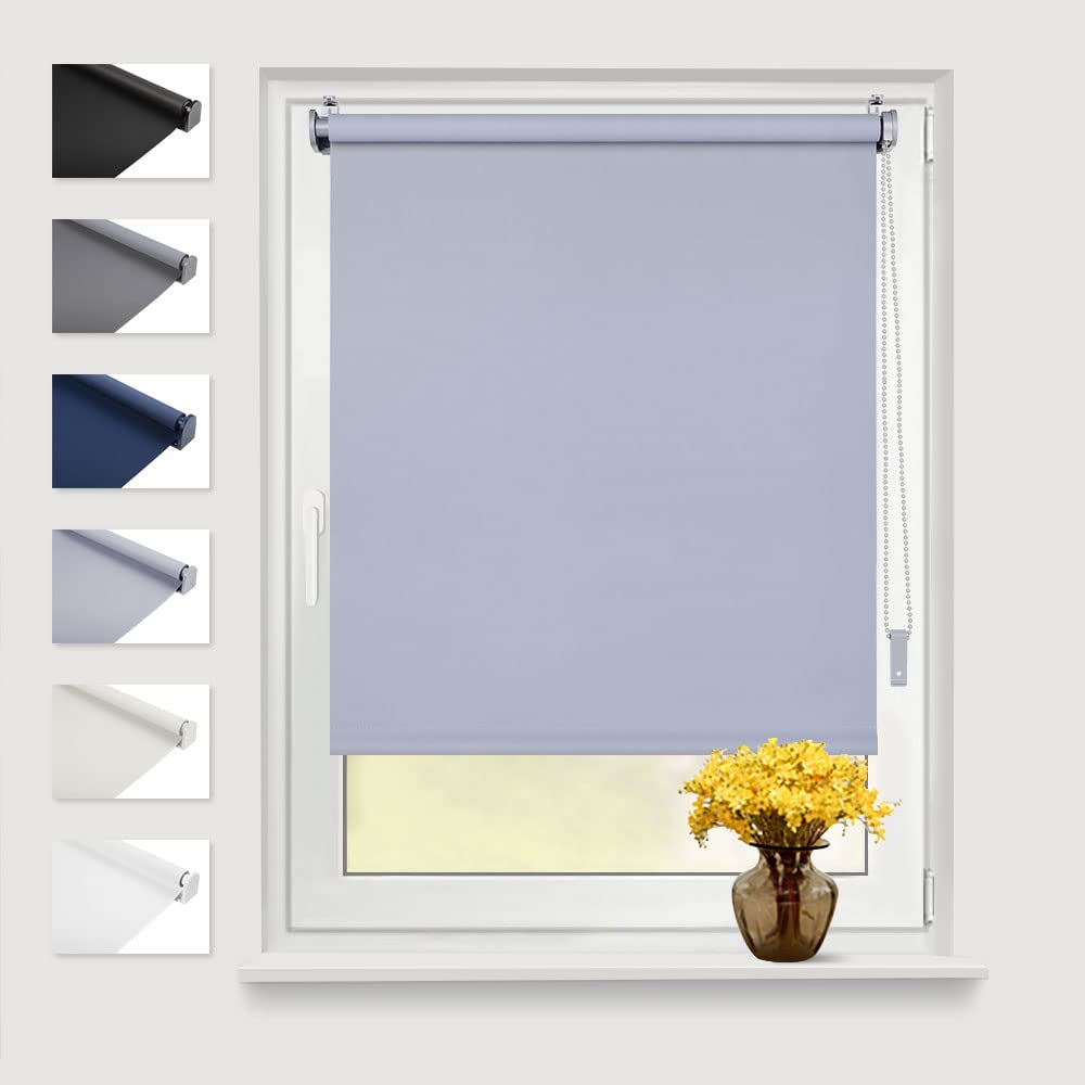 Eurohome Blackout Roller Blind Thermal Roller Blind 95 x 210 cm (Fabric Width 91 cm) Light Grey Klemmfix No Drilling with Same Colour Coating Side Pull Roller Blind Oeko-Tex Standard 100 Clamping