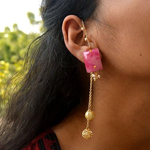 Abhika Creations Women's Marble Finished Resin Stone Kanauti With Dangling Bunch Of Pearls And Mesh Handmade Earrings