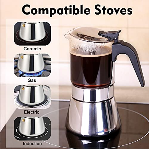 Grasseed Luxurious Crystal Glass & Stainless Steel Moka Pot, Stovetop Espresso Maker for