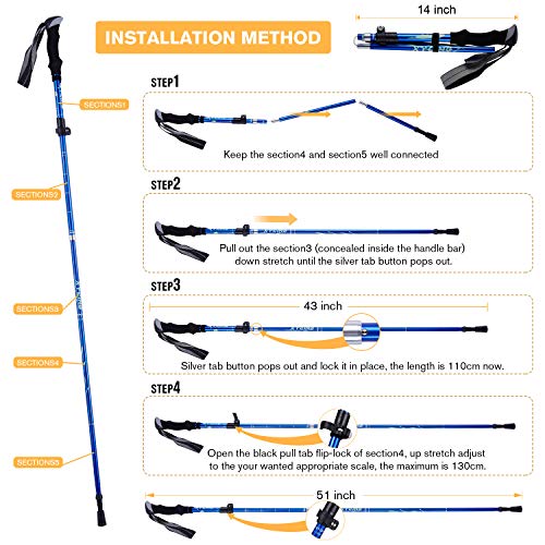 XYCING Trekking Poles Collapsible - 2 Pack Adjustable Auminum Alloy Hiking Poles, Foldable Lightweight Hike Walking Sticks for Hiking Camping (Blue) - Thumbnail 5