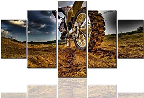 Multi Panel Canvas Wall Art for Living Room Torcycle Cross-Country Pictures Black Clouds Artwork Motocross Dirt Track Paintings Modern House Decor Framed Ready to Hang Posters and Prints(60''Wx32''H)
