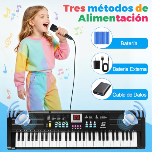 Teclado Musical, 61 Piano Digital para Niños, Incluye Micrófono y Atril Teclas Piano Eléctrico Altavoces Duales Piano Digital Adecuado Teclado Piano para Niños, Niñas Principiantes (Negro)