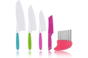 SportStorm 5PCS Kids Knife Set for Cooking, Plastic Kitchen Safety Knives in 4 Sizes, Plastic Cutting Board/Firm Grip Serrate