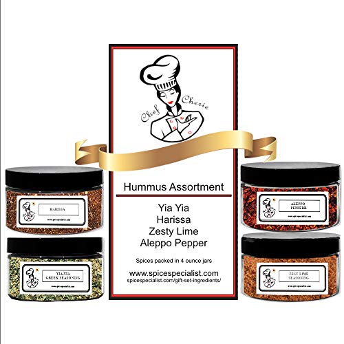 Chef Cherie's Hummus Seasonings Assortment Set - Includes 4 different Seasonings - 1 each of Aleppo Pepper, Harissa, Greek Seasoning, and Zesty Lime - KOSHER