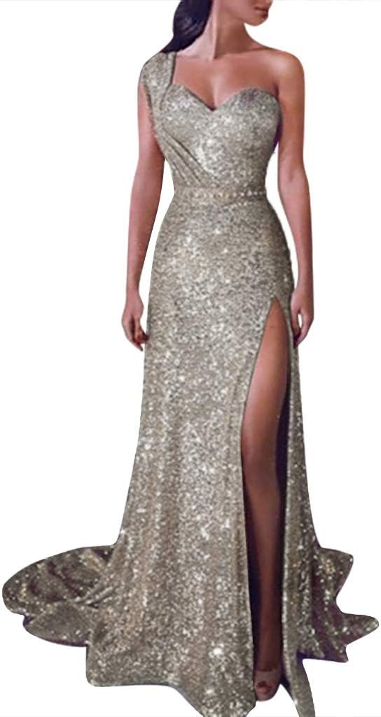 Evening Dress for Women Party Elegant Bodycon Split Maxi Dresses Ladies Gold Sequined Formal Occasion Dress