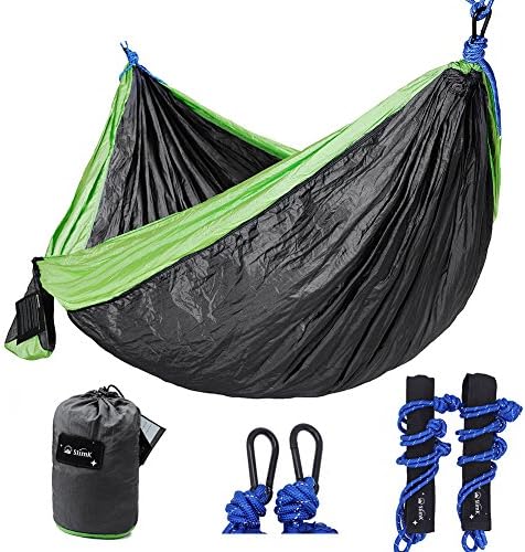 SlimK Double Camping Hammock - Lightweight Nylon Portable Hammock, Best Parachute Double Hammock For Backpacking, Hiking, Travel, Beach, Yard. (Fruit Green/Grey, 118"(L) x 78"(W))