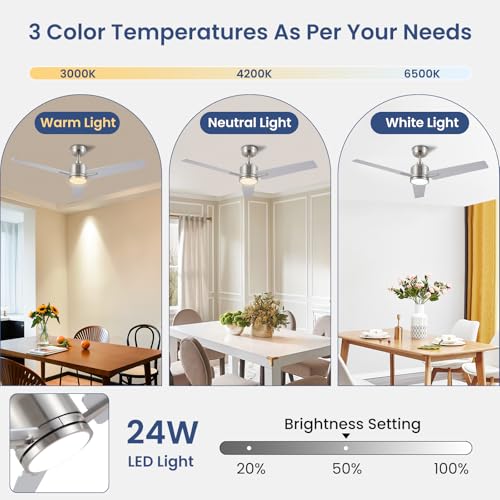 Newday Ceiling Fan, Silver and Wood, 48 Inch Ceiling Fan with Dimmable Light and Silent Remote Control, Reversible Ceiling Fan, 3 Ceiling Pales with 3 Timer 6 Speeds