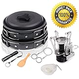 Wolfyok 12Pcs Outdoor Camping Cookware Mess Kit, Lightweight Hiking Backpacking Non-Stick Cookset with Piezo Ignition Kit, Pot Pan Bowls, Flashlight and Wire Saw