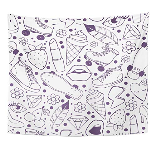 Emvency Tapestry Pink Girl Lineart Doodles Pattern with Cute