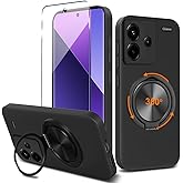 Compatible for Xiaomi Redmi Note 13 Pro Plus 5G Phone Case with Screen Protector, 360° Rotatable Ring Holder Kickstand/Stand Silicone TPU Protective Cover Case for Redmi Note 13 Pro+ Plus - Black