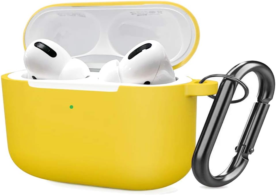 Protective Cover for AirPods Pro Case Soft Silicone Durable,Shock，Scratch,Resistant Case Support Wireless charging Visible Front LED With Hinge Keychain for AirPods Pro Protective Case earphone，Yellow