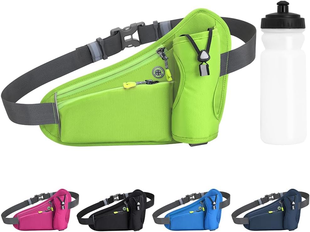 Tyuodna Running Belt with Water Bottle Holder,Ultra Light and Waterproof Waist Pack, with Reflective Strips and Headphone Hole Ideal Adjustable for Exercise, Travel Hiking & Outdoor (Green+Bottle)