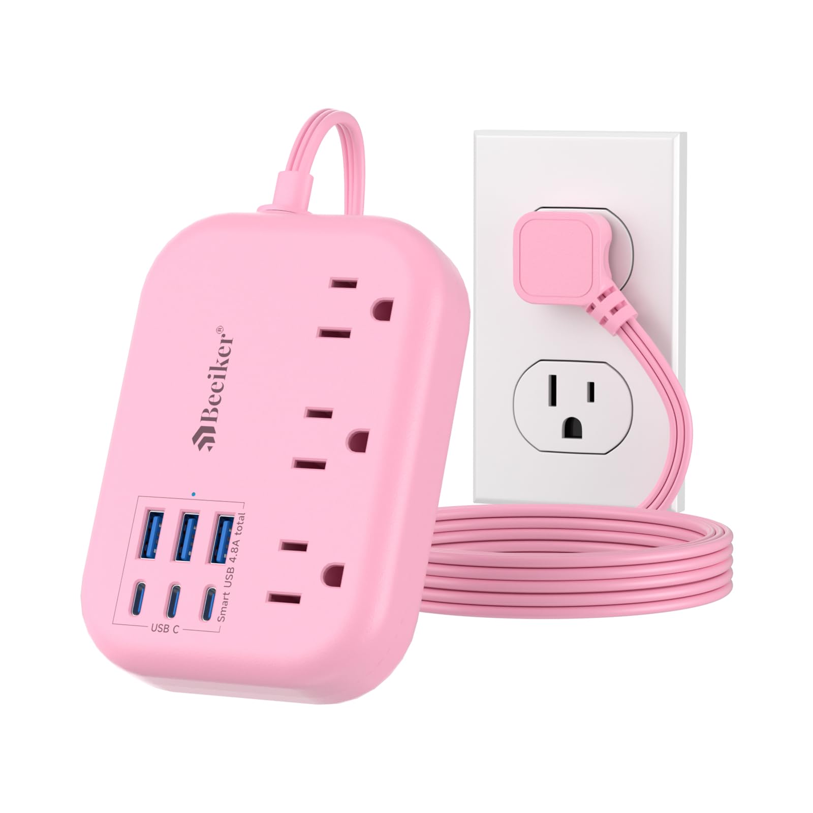 Photo 1 of 6 USB(3 USB C) Pink Power Strip- 5Ft Pink Extension Cord with 6 USB Charging Station 24W/4.8A and 3 Outlets, Pink Desk Accessories for Cruise Travel Pink Cute Kawaii College Dorm Desk Home Essentials
