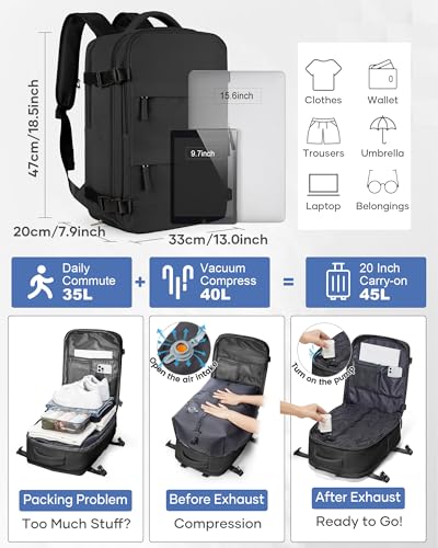 SZLX Large Travel Backpack Women, Vacuum Backpack with Pump Ryanair Hand Luggage 40 x 30 x 20 cm, Wizzair Hand Luggage 40 x 30 x 20 Waterproof Daypack Fit 14 Inch Laptop with Shoe Compartment and Laptop Compartment