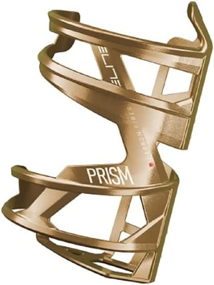 Elite Prism Carbon Bottle Cage Left Gold Metal White Graphic – Ultra Lightweight Side-Entry Carbon Fibre Bike Bottle Holder – For MTB, Gravel & Small Frames