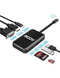 USB C Hub, ricov tipo C adaptador multipuerto, SD y Micro Lector de tarjetas SD, HDMI, VGA, 2 x USB 3.0 las estaciones de acoplamiento para Macbook Macbook Pro  Chromebook Pixel y más, material de vidrio, color plateado, Negro