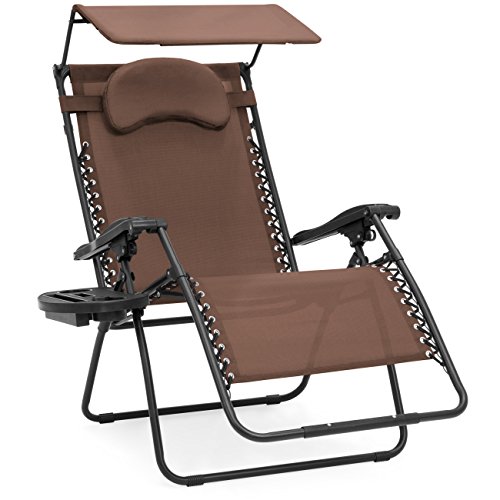 Best Choice Products Oversized Zero Gravity Reclining Lounge Patio Chair w/Folding Canopy Shade and Cup Holder - Brown