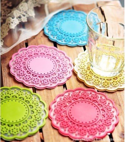 Set of 4 Silicone Vintage Lace Pattern round Coaster,Mat, Pad for Tea Cup Bowl Wine Glass Plate (Multi colour x 8)