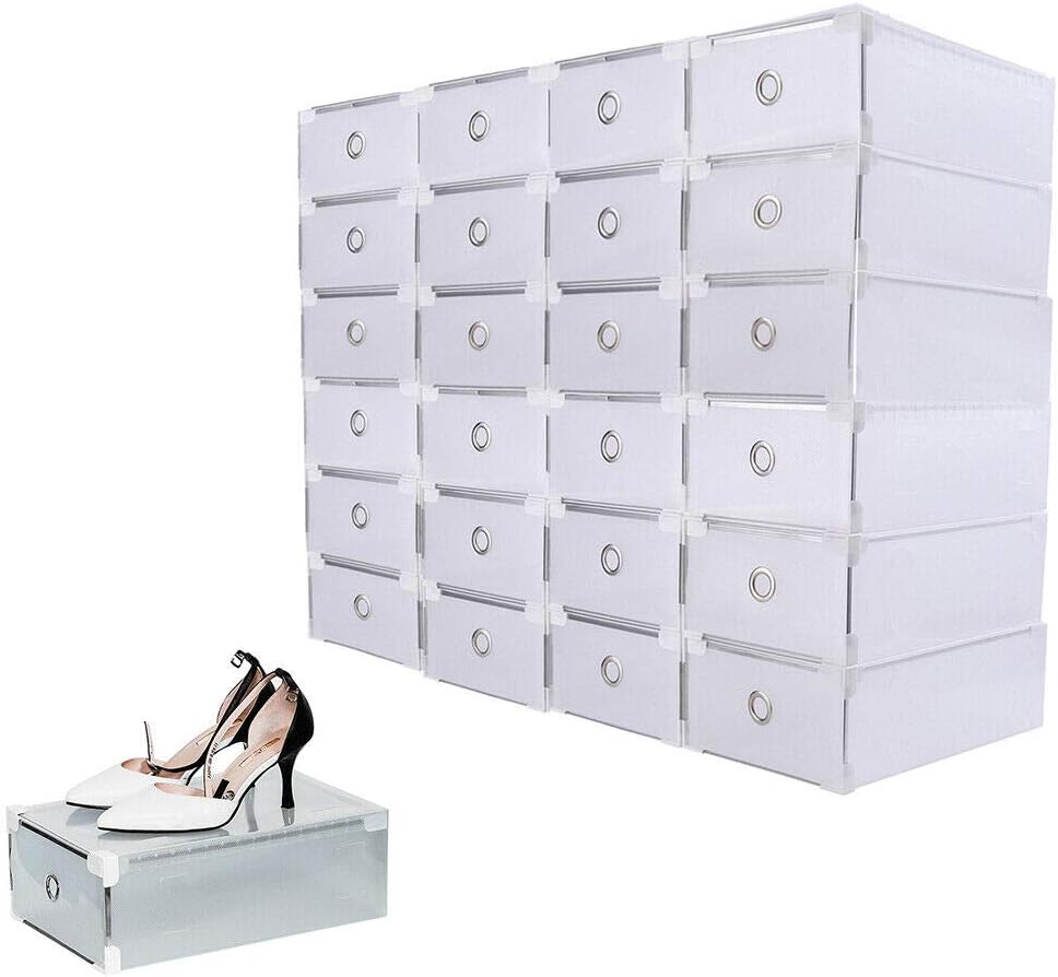 OUKANING Shoe Box, 24 pieces Shoe Storage Box-For Ladies Men-Stackable and Foldable-Plastic and Clear-31 x 20 x 11 cm