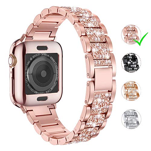 LELONG for Apple Watch Band 38mm 40mm 42mm 44mm Series 5 Series 4 3 2 1 with Case, Bling Replacement Bracelet iWatch Band, Diamond Rhinestone Stainless Steel Metal Wristband Strap