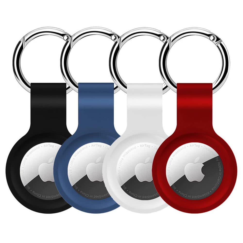 Alsukeay 4 Pack Holder Case for AirTag with Keychain Silicone Protective Skin Cover with Loop Key Ring Compatible with AirTag Tracker Wallet Backpacks Luggage Dog Cat Pets (Black/Blue/White/Red)