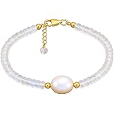 Gempires Handmade Beaded Crystal Bracelets with Freshwater Pearl Gemstone Jewelry Hypoallergenic 7.5 Inch Gold Plated Everyday Wear Bracelet Gifts