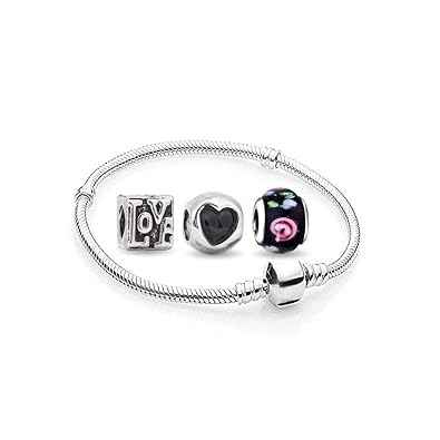 Damen Herz Charms Beads 1 Armband und 3 Anhänger Starter Set Angebot Zirkonia Murano Glas bettel Pandora Style Bead kompatibe