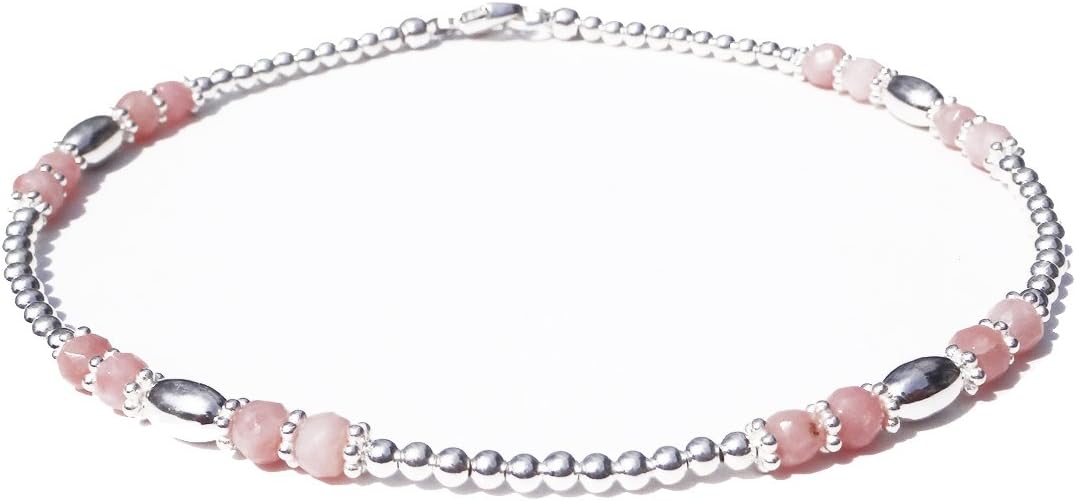 DAMALI Handmade Pink Peruvian Opal Anklet, October Birthstone Gemstone 925 Silver Ankle Bracelet