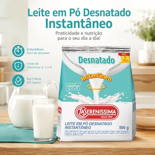 La Serenissima Leite em Pó Desnatado Instantâneo, 500g, 0% Gorduras, Fonte de Cálcio, Proteínas e Vitaminas