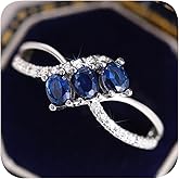 925 Sterling Silver Plated Ellipsoid Halo 3 Stone Engagement Promise Ring for Women,Fashion Simulated Blue Sapphire Cubic Zirconia CZ Statement Cocktail Ring Wedding Band for Womens Size 9#