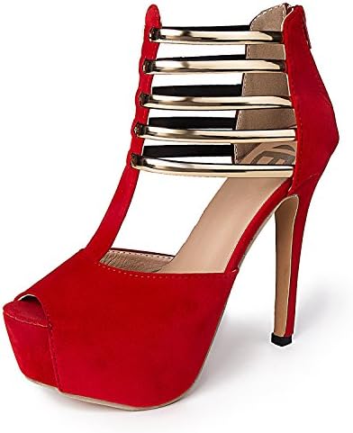 Figoo Platform pump High Heels Black Peep Toe T-strap (U.S: 8.5 \ Europe:41, Red)
