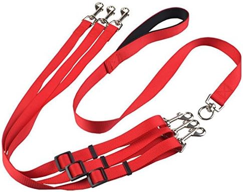 Sunnyhome007 Adjustable Nylon 3 Way Dog Coupler Leash with Padded Handle Easy Walking for One Two Three Small Medium Potty Dogs (Red)