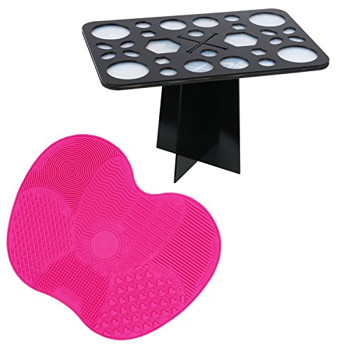 LYNN Silicone Makeup Brush Cleaning Mat, Makeup Brush Cleaner,Makeup Brush Cleaner Pad,Cosmetic Brush Cleaning Mat Portable Washing Tool Scrubber with Suction Cup (Rose Pad with Brush Holder)