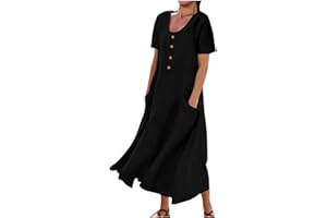 MaMiDay Linen Dress for Women Short Sleeve Round Neck Dresses Breathable Loose Flowy Summer Casual Maxi Dress with Pockets