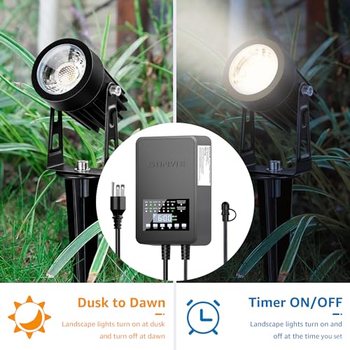 SUNVIE 300W Low Voltage Landscape Transformer with 2 Independent Control Output Landscape Lighting Transformer with Timer and Photocell Sensor 120V AC to 12/14V AC Weatherproof Low Voltage Transformer