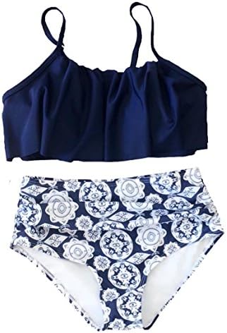 Womens High Waisted Bikini Swimsuits Flounce Top Push up Two Piece Swimwear Plus Size (Pink, X-Large=(US) Large) (Large=(US) Medium, Navy)
