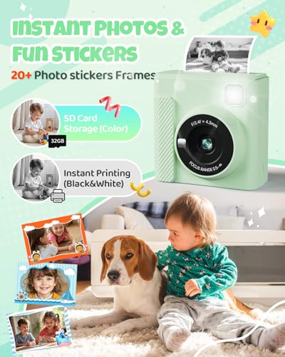 TIATUA Camara Fotos Infantil Instantanea, 2,4 Pulgada 1080P Cámara de Fotos Instantánea con Tarjeta de 32 GB y Papel Fotográfico, Regalo para Niños de 3 a 12 Años