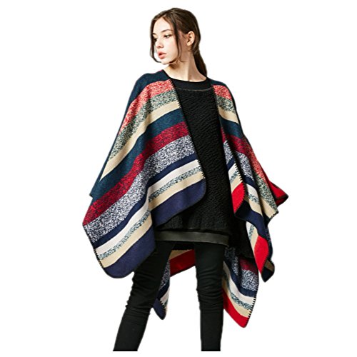 Jelinda Women Blanket Shawl Wrap Poncho Cape Winter Large Warm Striped Scarf (one size, red)