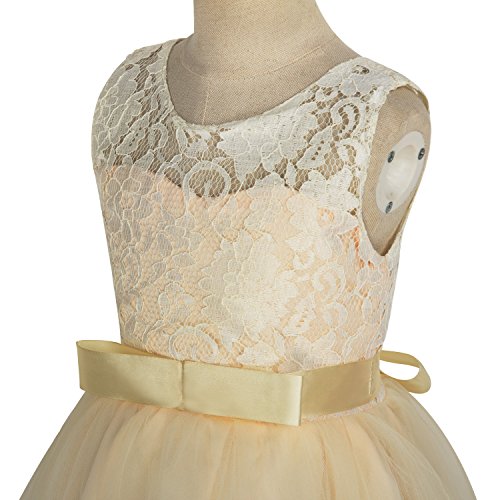 Acecharming Girls Lace Bridesmaid Wedding Dress with Bowknot Princess Prom Party Tulle Gown for 11-12 Year (Champagne)