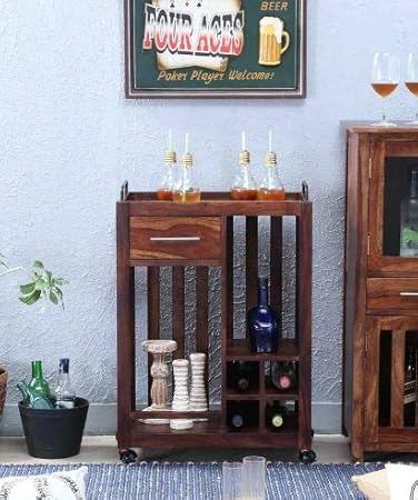 Jiya Creation Bar Trolley/Serving Trolley/Wooden Service Trolley (Sheesham Wood) (Teak Wood Shade)