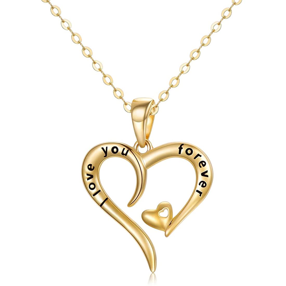 SISGEM 14 ct Gold Heart Necklace, Solid Yellow Gold Double Love Heart Pendant Necklace, 'I Love You Forever', for Mum Mother's Day Aunt Grandma Nana, 16+1+1inch
