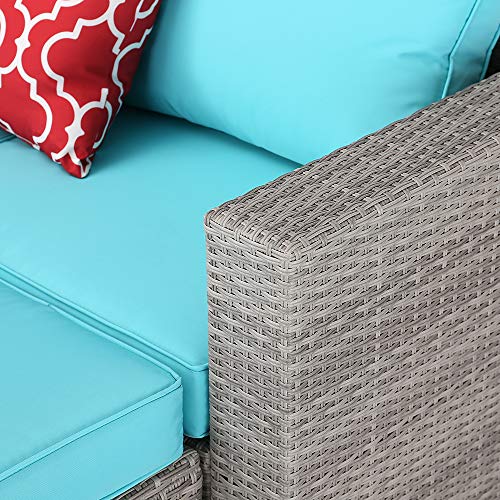 Do4U Patio Furniture Set 6-Piece Outdoor Lawn Backyard Poolside All Weather PE Wicker Rattan Steel Frame Sectional Cushioned Seat Sofa Conversation Set (Gray-Turquoise)