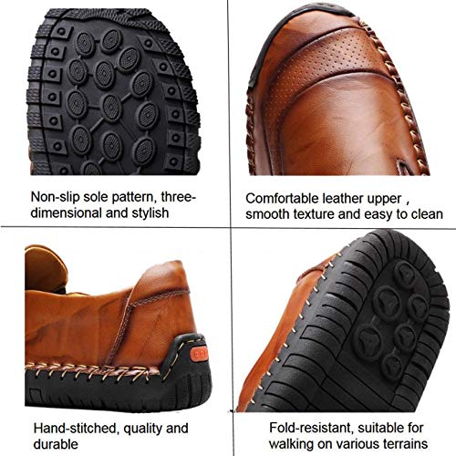 Qiucdzi Mens Leather Comfortable Shoes Hand Stitching Zipper Non-Slip Casual Shoes Loafer Boat Sneaker Dark Brown