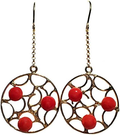 Earrings Dangle Italian, Natural Mediterranean Coral, French Wire, Hand Made, 925 Sterling Silver, 18k Yellow Gold Overlay,