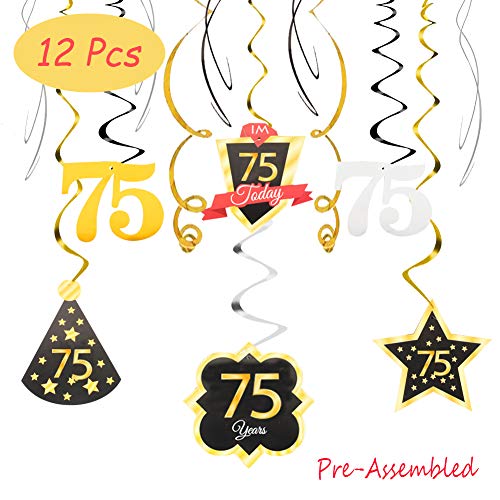 75 Birthday Decoration Happy 75th Birthday Party Silver Black Gold Foil Hanging Swirl Streamers I'm Seventy-five Years Old Today Birthday Hat Gold Star Ornament Party Present Supplies